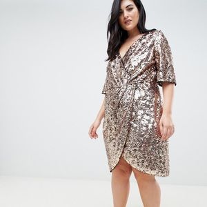 TFNC Plus Sequin Kimono Sleeve Wrap Dress in Gold